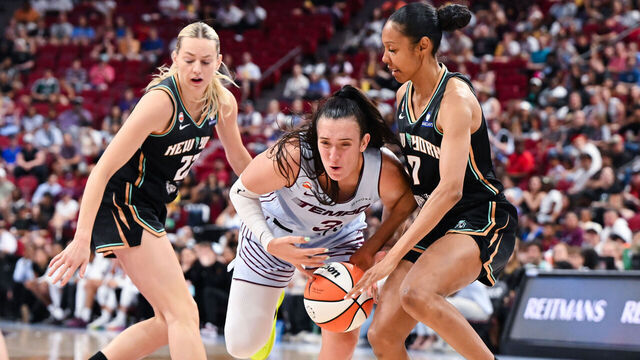MONTREAL, CANADA - JULY 12: Marina Mabrey #3 of the Toronto Tempo dribbles against Rebekah Gardner #7 of the New York Liberty during the first half in the WNBA game at the Bell Centre on July 12, 2026 in Montreal, Quebec, Canada.