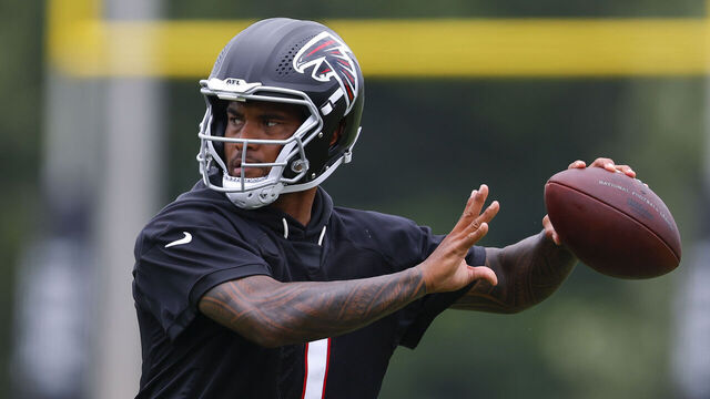 FLOWERY BRANCH, GEORGIA - MAY 27: Tua Tagovailoa #1 of the Atlanta Falcons runs through drills during OTA's at IBM Performance Field on May 27, 2026 in Flowery Branch, Georgia.