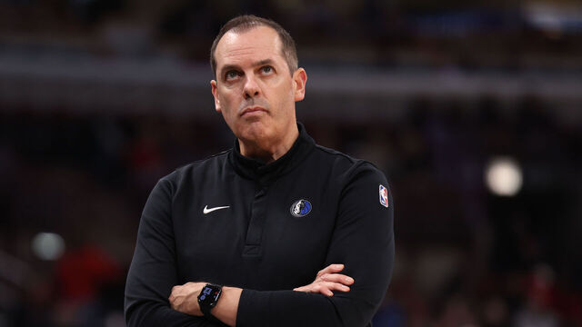 CHICAGO, ILLINOIS - JANUARY 10: Assistant coach Frank Vogel of the Dallas Mavericks looks on during a game against the Chicago Bulls at the United Center on January 10, 2026 in Chicago, Illinois.