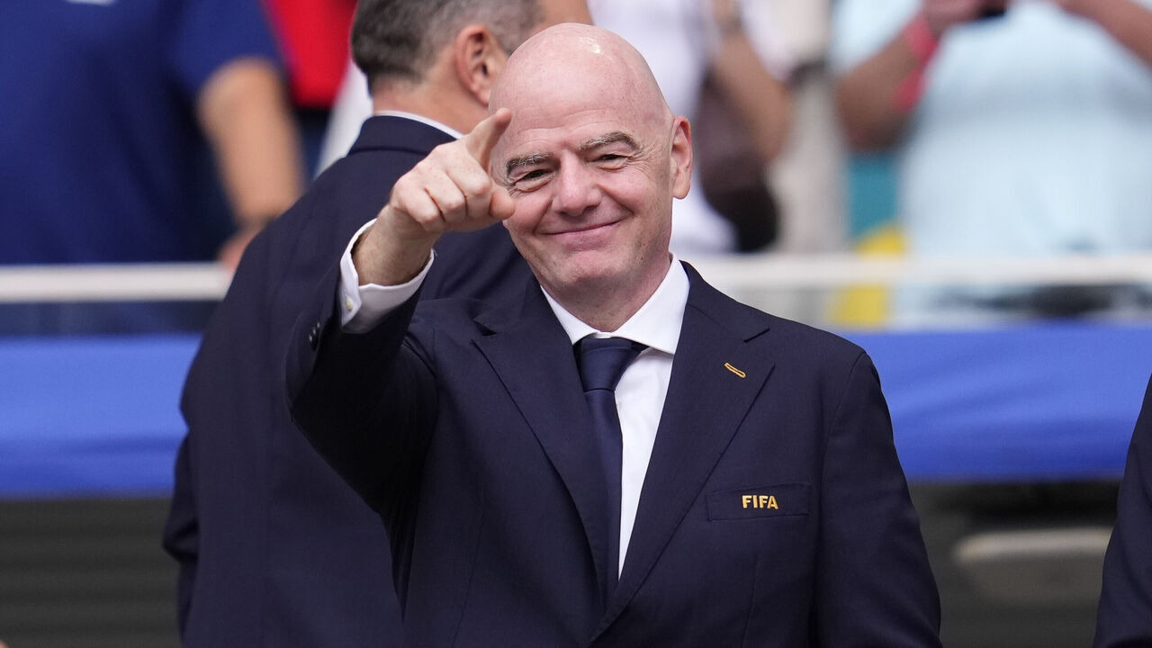 MIAMI GARDENS, FLORIDA - JULY 11: Gianni Infantino, FIFA President, gestures during the FIFA World Cup 2026 Quarter Final match between Norway and England at Miami Stadium on July 11, 2026 in Miami Gardens, Florida.