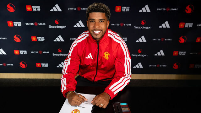 MANCHESTER, ENGLAND - JULY 13: (EXCLUSIVE COVERAGE) Andrey Santos of Manchester United poses after signing for the club at Carrington Training Ground on July 13, 2026 in Manchester, England.