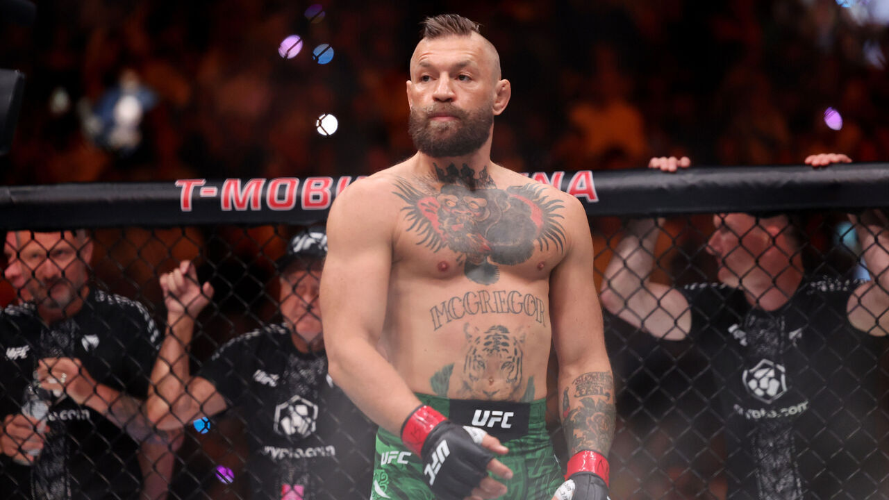 LAS VEGAS, NEVADA - JULY 11: Conor McGregor of Ireland participates in the walkout prior to facing Max Holloway of the United States in their welterweight bout during UFC 329 at T-Mobile Arena on July 11, 2026 in Las Vegas, Nevada.