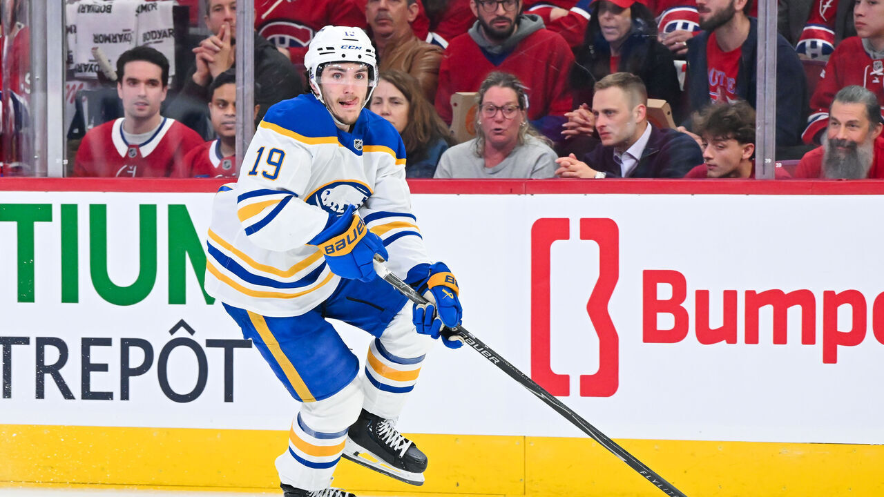 MONTREAL, CANADA - MAY 12: Peyton Krebs #19 of the Buffalo Sabres handles the puck during the third period against the Montréal Canadiens in Game Four of the Second Round of the 2026 Stanley Cup Playoffs at the Bell Centre on May 12, 2026 in Montreal, Quebec, Canada.