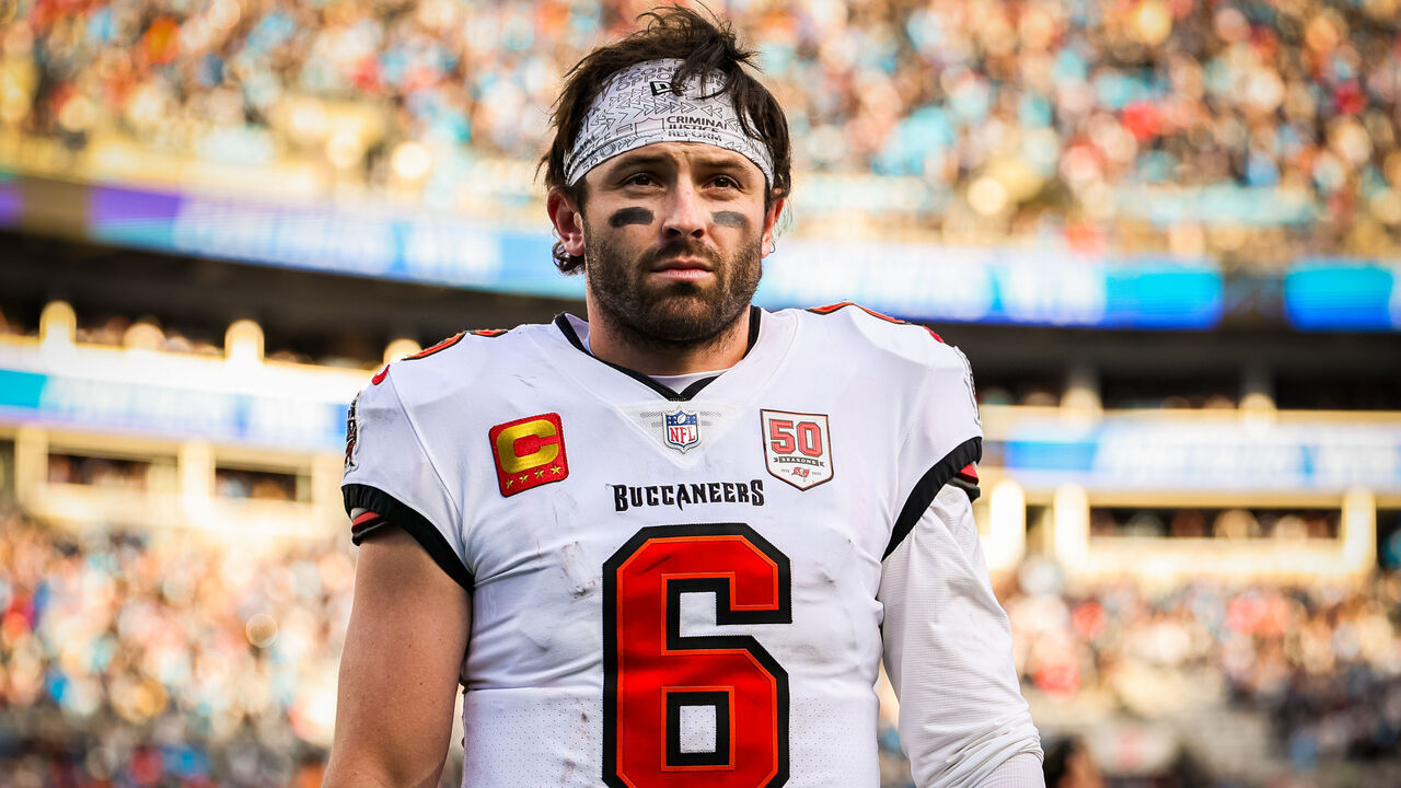 CHARLOTTE, NORTH CAROLINA - DECEMBER 21: Baker Mayfield #6 of the Tampa Bay Buccaneers exits the field after an NFL game against the Carolina Panthers at Bank of America Stadium on December 21, 2025 in Charlotte, North Carolina.