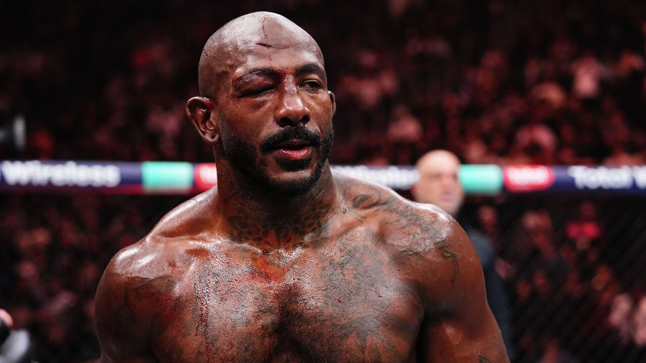 LAS VEGAS, NEVADA - OCTOBER 04: Khalil Rountree Jr. reacts to his knockout by Jiri Prochazka of the Czech Republic in a light heavyweight fight during the UFC 320 event at T-Mobile Arena on October 04, 2025 in Las Vegas, Nevada.