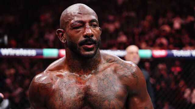 LAS VEGAS, NEVADA - OCTOBER 04: Khalil Rountree Jr. reacts to his knockout by Jiri Prochazka of the Czech Republic in a light heavyweight fight during the UFC 320 event at T-Mobile Arena on October 04, 2025 in Las Vegas, Nevada.