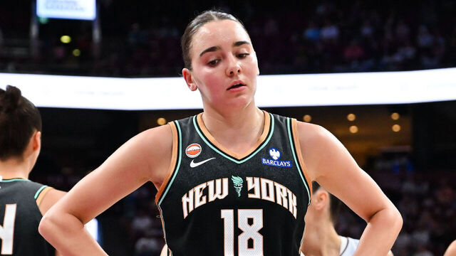 MONTREAL, CANADA - JULY 12: Pauline Astier #18 of the New York Liberty reacts against the Toronto Tempo during the second half in the WNBA game at the Bell Centre on July 12, 2026 in Montreal, Quebec, Canada.