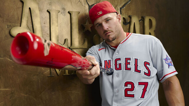 PHILADELPHIA, PA - JULY 13: Mike Trout #27 of the Los Angeles Angels poses for a photo during the 2026 All-Star player photoshoot at Citizens Bank Park on Monday, July 13, 2026 in Philadelphia, Pennsylvania.