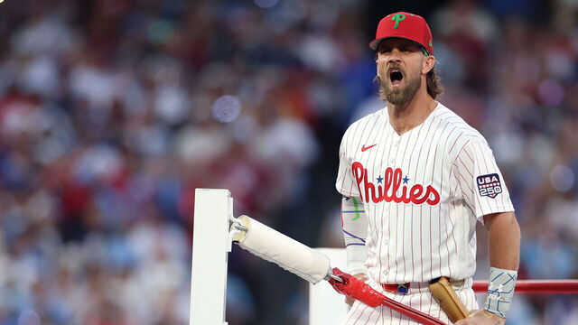 PHILADELPHIA, PENNSYLVANIA - JULY 13: Bryce Harper #3 of the Philadelphia Phillies is introduced before the 2026 Home Run Derby at Citizens Bank Park on July 13, 2026 in Philadelphia, Pennsylvania.