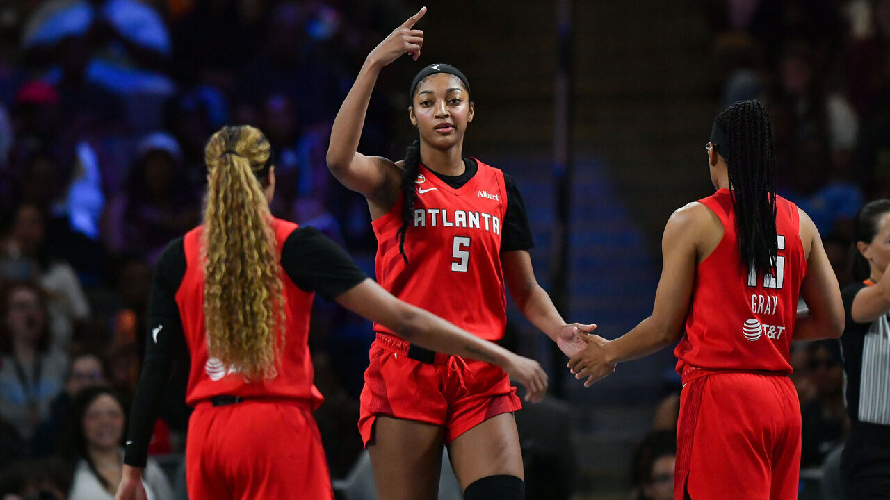 COLLEGE PARK, GA - JULY 13: Atlanta forward Angel Reese (5) reacts during the WNBA game between the Los Angeles Sparks and the Atlanta Dream on July 13th, 2026 at Gateway Center Arena in College Park, GA.