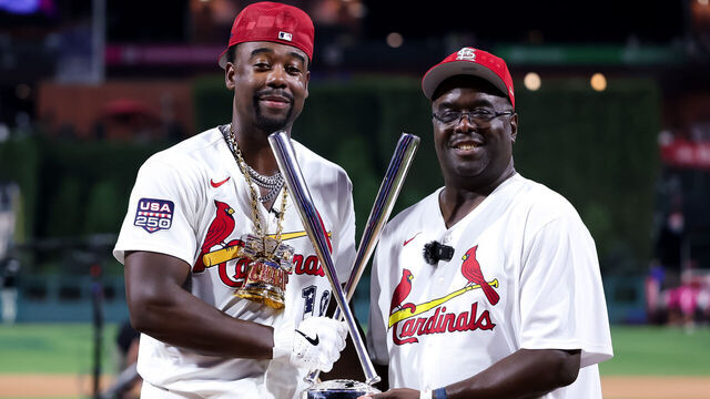 PHILADELPHIA, PENNSYLVANIA - JULY 13: Jordan Walker #18 of the St. Louis Cardinals poses with his father Derek after winning the 2026 Home Run Derby at Citizens Bank Park on July 13, 2026 in Philadelphia, Pennsylvania.
