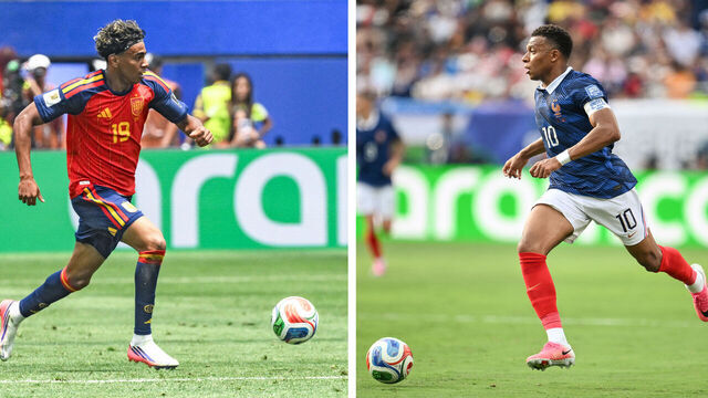 (COMBO) This combination of files photos created on July 12, 2026, shows Spain's forward #19 Lamine Yamal in Inglewood on July 10, 2026 (L); and France's forward #10 Kylian Mbappe in East Rutherford on June 30, 2026. France and Spain will meet in a 2026 World Cup semi-final football match at the Dallas Stadium in Arlington on July 14, 2026.