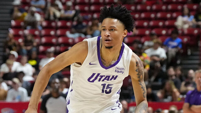 LAS VEGAS, NV - JULY 12: Trey Alexander #15 of the Utah Jazz drives to the basket during the game against the LA Clippers during the 2026 NBA Summer League game on July 12, 2026 at the Thomas & Mack Center in Las Vegas, Nevada. Mandatory Copyright Notice: Copyright 2025 NBAE