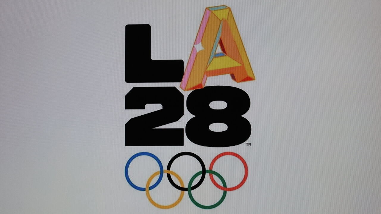 Los Angeles, CA - June 4: Details of one of the olympics logos on display during a press conference at the JW Marriott Los Angeles L.A. LIVE on Thursday, June 4, 2026, following the International Olympic Committee Coordination Commission's three-day annual meeting with the LA28 Organizing Committee to review planning for the 2028 Olympic and Paralympic Games. (Allen J. Schaben / Los Angeles Times via Getty Images)