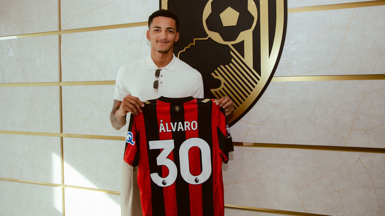BOURNEMOUTH, ENGLAND - JULY 14: New Bournemouth signing Alvaro Rodriguez poses following signing at the club on July 14, 2026 in Bournemouth, England.