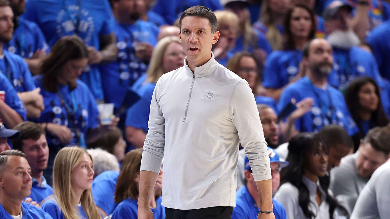 OKLAHOMA CITY, OKLAHOMA - MAY 30: Head coach Mark Daigneault of the Oklahoma City Thunder looks on during the third quarter against the San Antonio Spurs in Game Seven of the NBA Western Conference Finals at Paycom Center on May 30, 2026 in Oklahoma City, Oklahoma.
