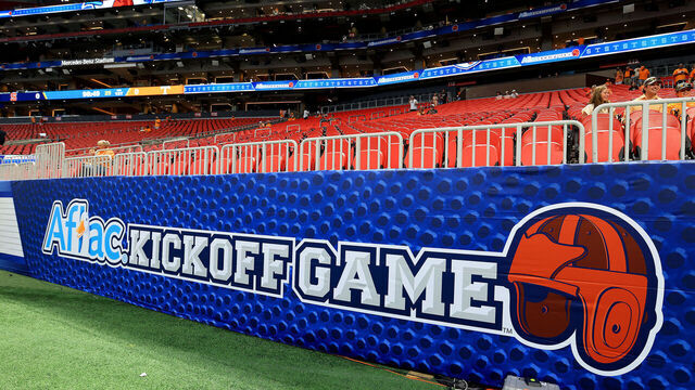 ATLANTA, GA - AUGUST 30: The game logo banner on the sidelines before the Week 1 college football game between the Syracuse University Orange and the Tennessee Volunteers on August 30, 2025 at Mercedes-Benz Stadium in Atlanta, Georgia.