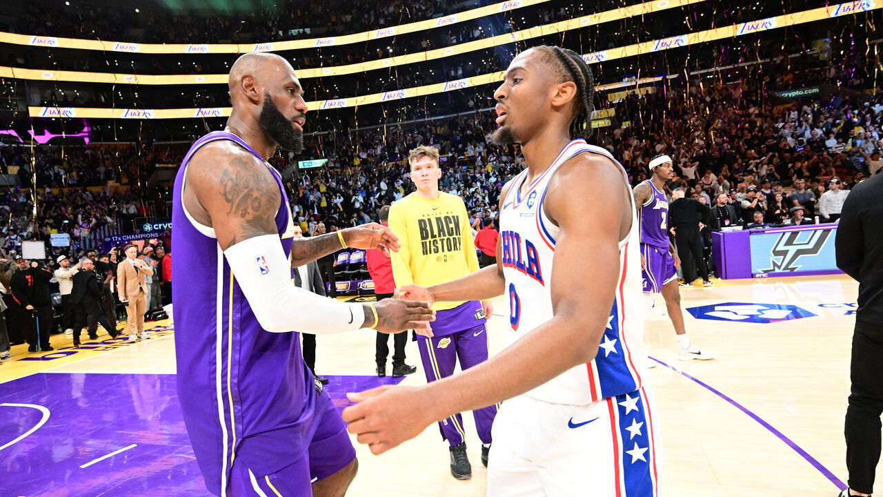 LOS ANGELES, CA - FEBRUARY 5: LeBron James #23 of the Los Angeles Lakers and Tyrese Maxey #0 of the Philadelphia 76ers handshake after the game on February 5, 2026 at Crypto.Com Arena in Los Angeles, California. NOTE TO USER: User expressly acknowledges and agrees that, by downloading and/or using this Photograph, user is consenting to the terms and conditions of the Getty Images License Agreement. Mandatory Copyright Notice: Copyright 2026 NBAE