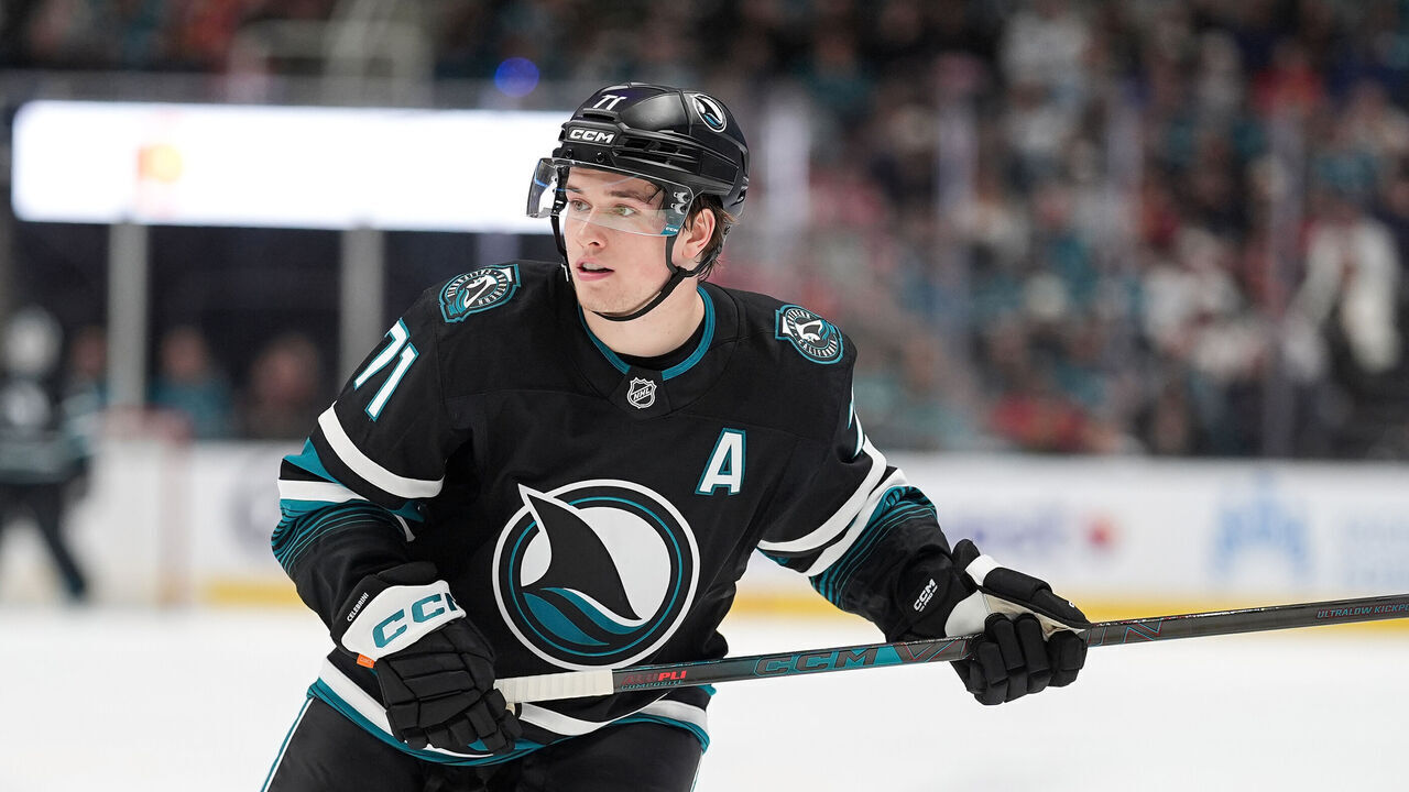 SAN JOSE, CA - APRIL 6: Macklin Celebrini #71 of the San Jose Sharks skates after the puck in the first period against the Chicago Blackhawks at SAP Center on April 6, 2026 in San Jose, California.