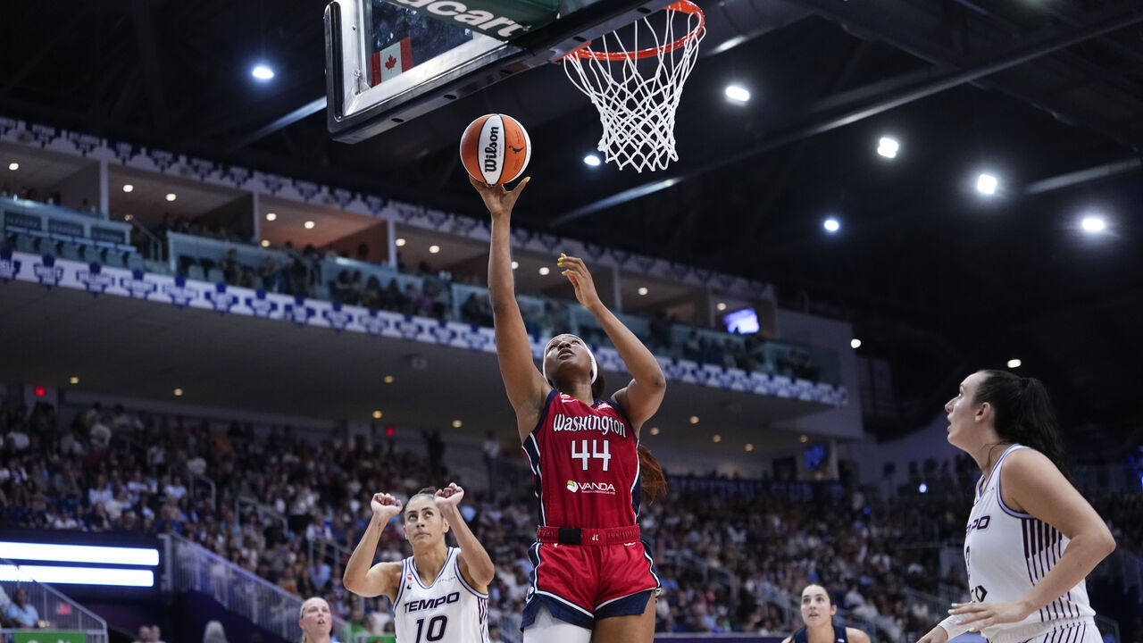 TORONTO, CANADA - JULY 14:Kiki Iriafen #44 of the Washington Mystics drives to the basket during the game against the Toronto Tempo on July 14, 2026 at Coca-Cola Coliseum in Toronto, Canada. Mandatory Copyright Notice: Copyright 2026 NBAE