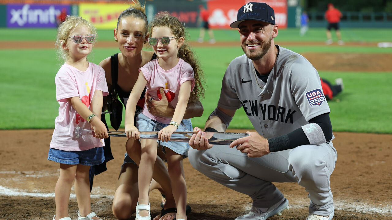 PHILADELPHIA, PENNSYLVANIA - JULY 14: Cody Bellinger #35 of the New York Yankees celebrates his wife, Chase Carter Bellinger and kids after winning the Ted Williams Most Valuable Player Award at the 2026 MLB All-Star Game at Citizens Bank Park on July 14, 2026 in Philadelphia, Pennsylvania.