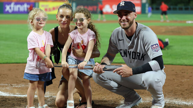 PHILADELPHIA, PENNSYLVANIA - JULY 14: Cody Bellinger #35 of the New York Yankees celebrates his wife, Chase Carter Bellinger and kids after winning the Ted Williams Most Valuable Player Award at the 2026 MLB All-Star Game at Citizens Bank Park on July 14, 2026 in Philadelphia, Pennsylvania.