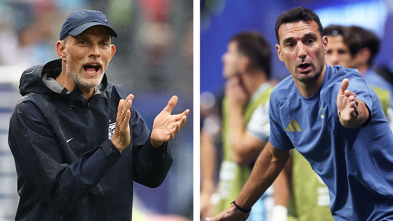 (COMBO) This combination of file photos created on July 12, 2026, shows England's German head coach Thomas Tuchel in East Rutherford on June 27, 2026 (L); and Argentina's head coach Lionel Scaloni in Atlanta on July 7, 2026. England and Argentina will meet in a 2026 World Cup semi-final football match at the Atlanta Stadium in Atlanta on July 15, 2026.