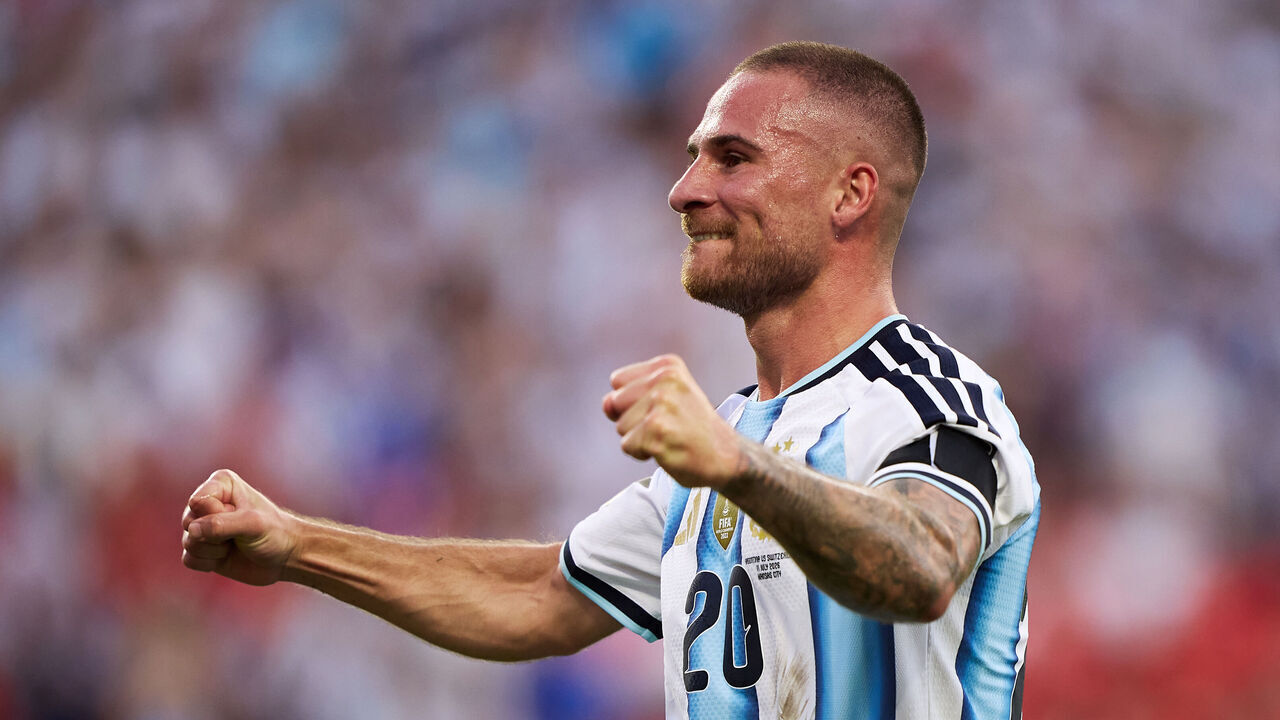 KANSAS CITY, MISSOURI - JULY 11: Alexis Mac Allister of Argentina celebrates after scoring his side's first goal during the FIFA World Cup 2026 Quarter Final match between Argentina and Switzerland at Kansas City Stadium on July 11, 2026 in Kansas City, Missouri.