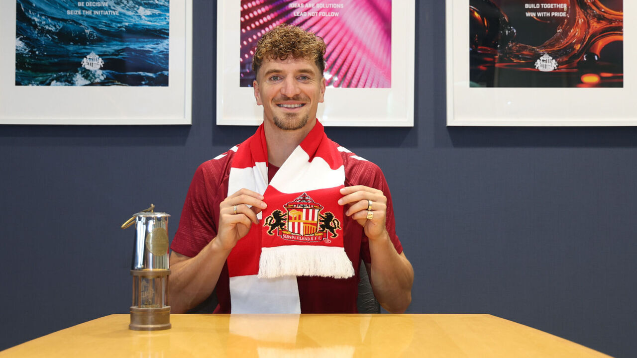 SUNDERLAND, ENGLAND - JULY 14: New Sunderland signing Thomas Meunier poses for media images at The Academy of Light on July 14, 2026 in Sunderland, England.