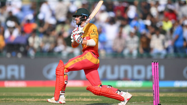DELHI, INDIA - MARCH 01: Brian Bennett of Zimbabwe plays a shot during the ICC Men's T20 World Cup India & Sri Lanka 2026 Super 8 match between Zimbabwe and South Africa at Arun Jaitley Stadium on March 01, 2026 in Delhi, India.