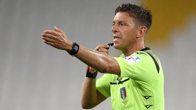 TURIN, ITALY - AUGUST 01: The referee Gianluca Rocchi reacts on what was his final appearance in the top flight during the Serie A match between Juventus and AS Roma on August 01, 2020 in Turin, Italy.