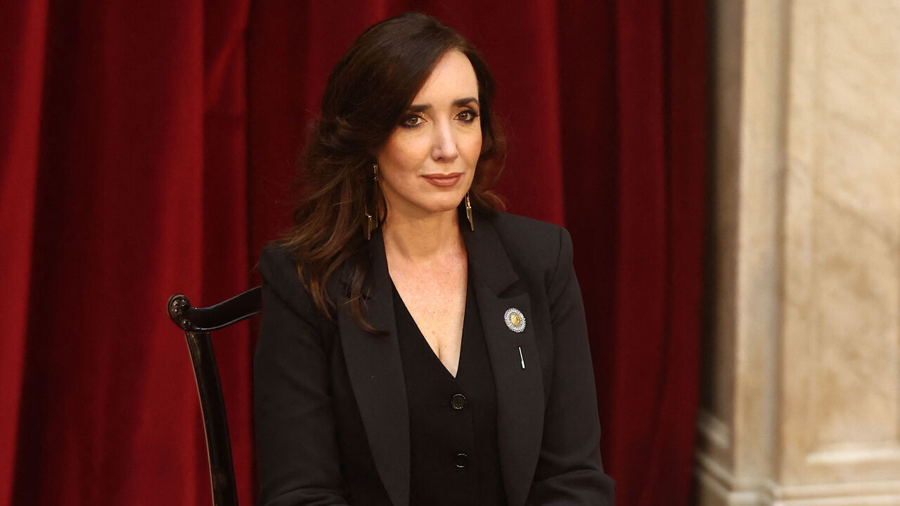Argentina's Vice President Victoria Villarruel listens to Argentina's president Javier Milei (out of frame) during the presentation of the 2025 budget proposal to Congress in Buenos Aires on September 15, 2024.