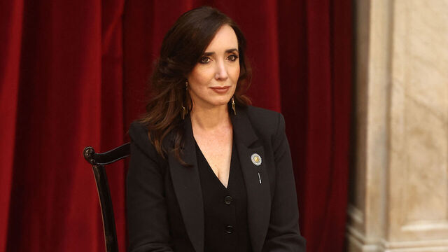Argentina's Vice President Victoria Villarruel listens to Argentina's president Javier Milei (out of frame) during the presentation of the 2025 budget proposal to Congress in Buenos Aires on September 15, 2024.