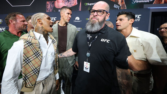 LAS VEGAS, NEVADA - JULY 10: (L-R) Conor Benn speaks to Ryan Garcia during the UFC 329 ceremonial weigh-in at T-Mobile Arena on July 10, 2026 in Las Vegas, Nevada.