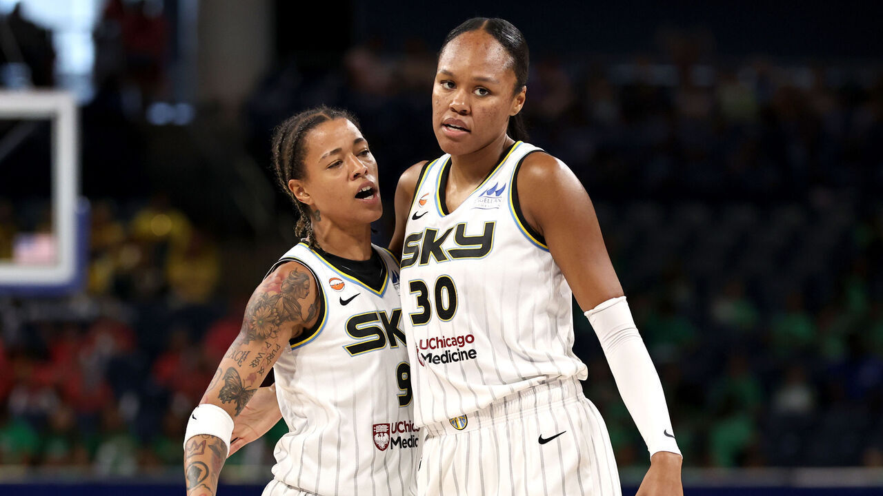 CHICAGO, ILLINOIS - JULY 15: Natasha Cloud #9 of the Chicago Sky celebrates with teammate Azura Stevens #30 during the first half against the Seattle Storm at Wintrust Arena on July 15, 2026 in Chicago, Illinois.