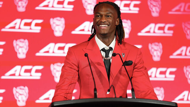 CHARLOTTE, NORTH CAROLINA - JULY 15: Quarterback CJ Bailey #11 of the NC State Wolfpack smiles during the ACC Kickoff media days at Hilton Charlotte Uptown on July 15, 2026 in Charlotte, North Carolina.