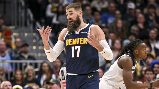 DENVER , CO - APRIL 27: Jonas Valanciunas (17) of the Denver Nuggets reacts after a foul call as Ayo Dosunmu (13) of the Minnesota Timberwolves talks to Kyle Anderson (12) during the second quarter of game five of their NBA Playoffs series on Monday, April 27, 2026.