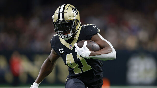 NEW ORLEANS, LOUISIANA - OCTOBER 12: Alvin Kamara #41 of the New Orleans Saints runs the ball during the first quarter against the New England Patriots at Caesars Superdome on October 12, 2025 in New Orleans, Louisiana.