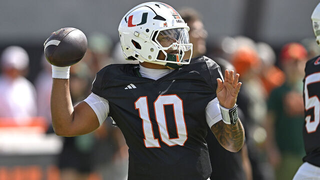 CORAL GABLES, FL - APRIL 18: Miami quarterback Darian Mensah (10) runs through drills prior to the Miami Hurricanes playing their spring game on April 18, 2026, at Cobb Stadium in Coral Gables, Florida.