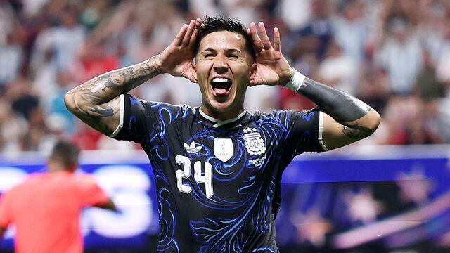 ATLANTA, GEORGIA - JULY 15: Enzo Fernandez #24 of Argentina celebrates scoring his team's first goal during the FIFA World Cup 2026 Semi Final match between England and Argentina at Atlanta Stadium on July 15, 2026 in Atlanta, Georgia.