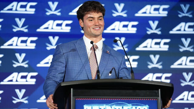 CHARLOTTE, NORTH CAROLINA - JULY 15: Quarterback Beau Pribula #17 of the Virginia Cavaliers speaks during the ACC Kickoff media days at Hilton Charlotte Uptown on July 15, 2026 in Charlotte, North Carolina.