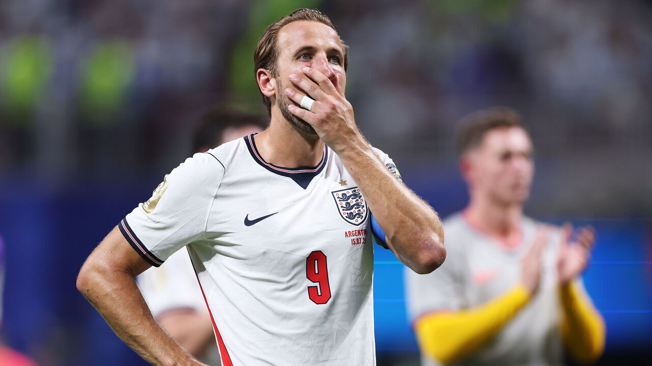 ATLANTA, GEORGIA - JULY 15: Harry Kane #9 of England reacts after the 1-2 loss during the FIFA World Cup 2026 Semi Final match between England and Argentina at Atlanta Stadium on July 15, 2026 in Atlanta, Georgia.