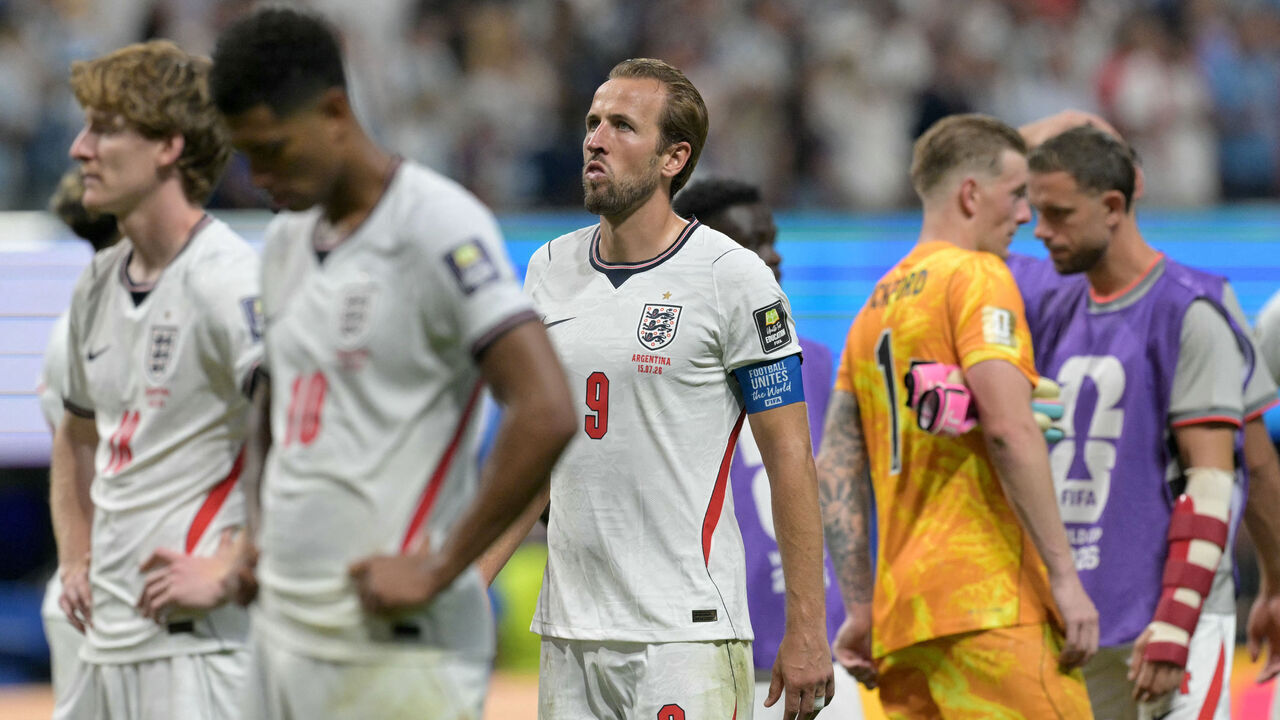 England's forward #09 Harry Kane reacts after losing the 2026 World Cup football tournament semi-final match between England and Argentina at the Atlanta Stadium in Atlanta on July 15, 2026.