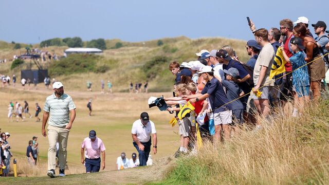 SOUTHPORT, ENGLAND - JULY 15: Scottie Scheffler of the United States looks towards the fans during a practice round, prior to The 154th Open Championship at Royal Birkdale on July 15, 2026 in Southport, England.