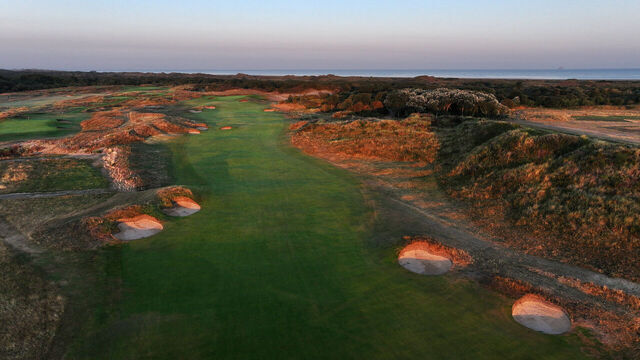 SOUTHPORT, ENGLAND - AUGUST 17: A general aerial view of the 14th hole at Royal Birkdale Golf Club, the host course for the 154th Open Championship, on August 17, 2025 in Southport, England.