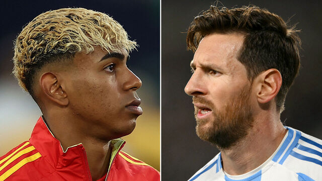 (COMBO) This combination of file pictures created on November 14, 2025, shows Spain's forward #19 Lamine Yamal (L) walking onto the pitch prior to the UEFA Nations League semi-final football match between Spain and France in Stuttgart, southwestern Germany, on June 5, 2025, and Argentina's forward #10 Lionel Messi looking on during the 2026 FIFA World Cup South American qualifiers football match between Argentina and Colombia at the Mas Monumental stadium in Buenos Aires on June 10, 2025. The Finalissima between Lionel Messi's Argentina and Lamine Yamal's Spain will be played in March on neutral ground, said CONMEBOL president Alejandro Dominguez on November 20, 2025, in Asuncion, speaking to AFP and a Paraguayan media outlet.