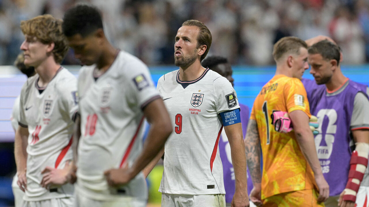 England's forward #09 Harry Kane reacts after losing the 2026 World Cup football tournament semi-final match between England and Argentina at the Atlanta Stadium in Atlanta on July 15, 2026.