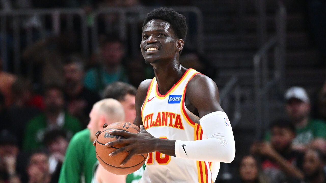 ATLANTA, GA - MARCH 30: Mouhamed Gueye #18 of the Atlanta Hawks smiles during the game against the Boston Celtics on March 30, 2026 at State Farm Arena in Atlanta, Georgia. NOTE TO USER: User expressly acknowledges and agrees that, by downloading and/or using this Photograph, user is consenting to the terms and conditions of the Getty Images License Agreement. Mandatory Copyright Notice: Copyright 2026 NBAE