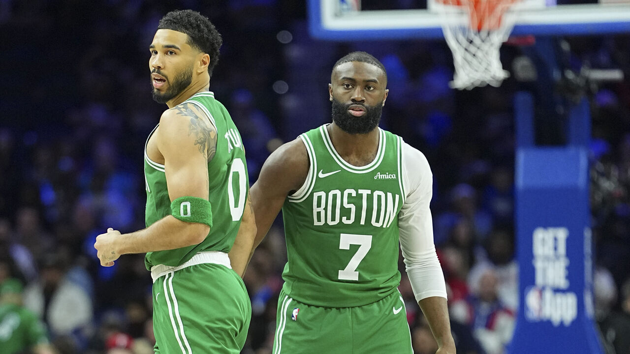PHILADELPHIA, PENNSYLVANIA - APRIL 24: Jayson Tatum #0 and Jaylen Brown #7 of the Boston Celtics look on against the Philadelphia 76ers during game three of the Eastern Conference first round playoffs at Xfinity Mobile Arena on April 24, 2026 in Philadelphia, Pennsylvania. The Celtics defeated the 76ers 108-100.