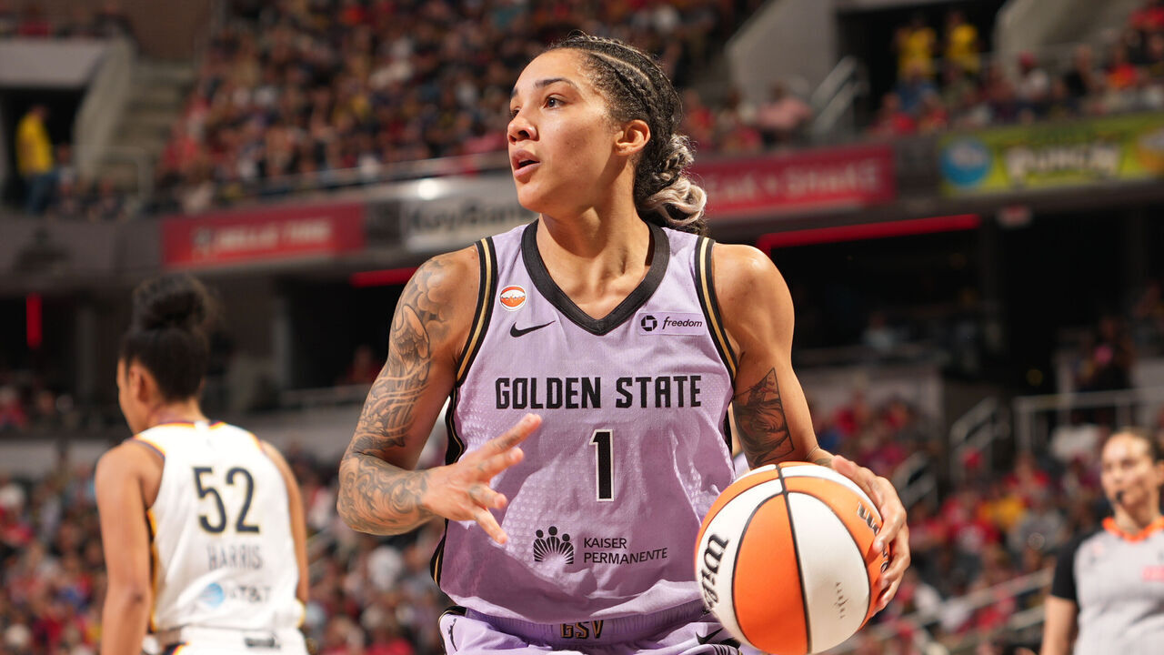 INDIANAPOLIS, IN - JULY 15: Gabby Williams #1 of the Golden State Valkyries dribbles the ball during the game against the Indiana Fever on July 15, 2026 at the Gainbridge Fieldhouse in Indianapolis, Indiana. Mandatory Copyright Notice: Copyright 2026 NBAE